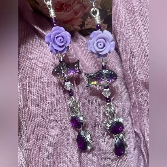 Purple Gem Cats Hand Crafted Earrings - Picture 4 of 8